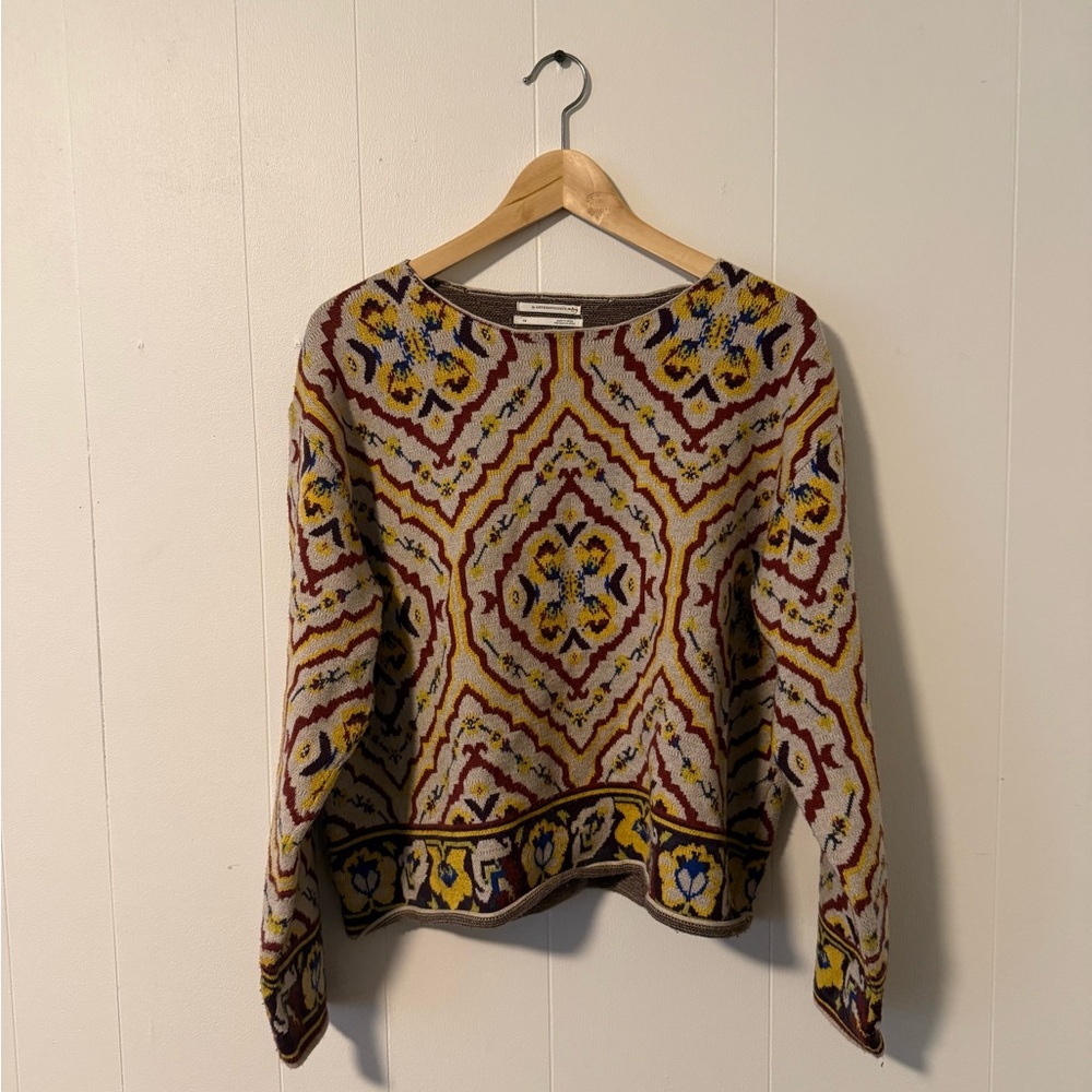 Anthropologie Yellow and Brown Patterned Sweater